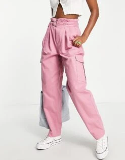 JJXX Belted Straight Leg Cargo Trousers In Pink For Women