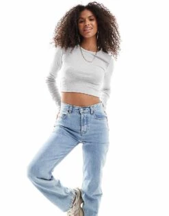 JJXX Feline Ribbed Crop Top In Light Grey For Women