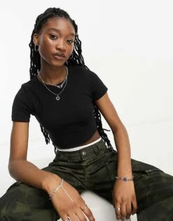 JJXX Florie Ribbed Cropped Baby T-shirt In Black For Women