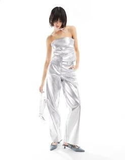 JJXX Co-ord Wide Leg Metallic Trouser In Silver For Women