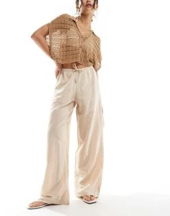 JJXX Linen Blend Wide Fit Trouser In Beige For Women Cement