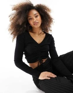 JJXX Rouched Long Sleeve Ribbed Top In Black For Women