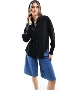 JJXX Linen Blend Long Sleeve Shirt In Black For Women