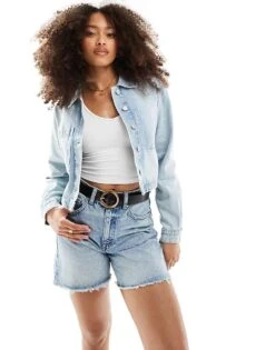 JJXX Cropped Denim Jacket In Light Wash For Women Light Blue Denim