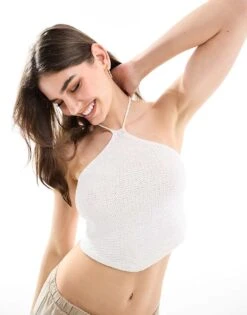 JJXX Crochet Halterneck Top In Beige For Women