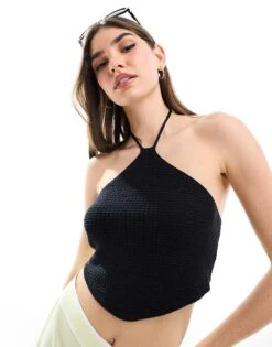 JJXX Crochet Halterneck Top In Black For Women