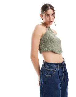 JJXX Crochet Halterneck Top In Khaki For Women