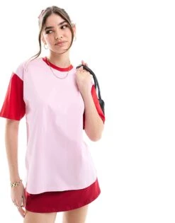JJXX Colourblock Oversized T-shirt In Pink Red For Women Multi