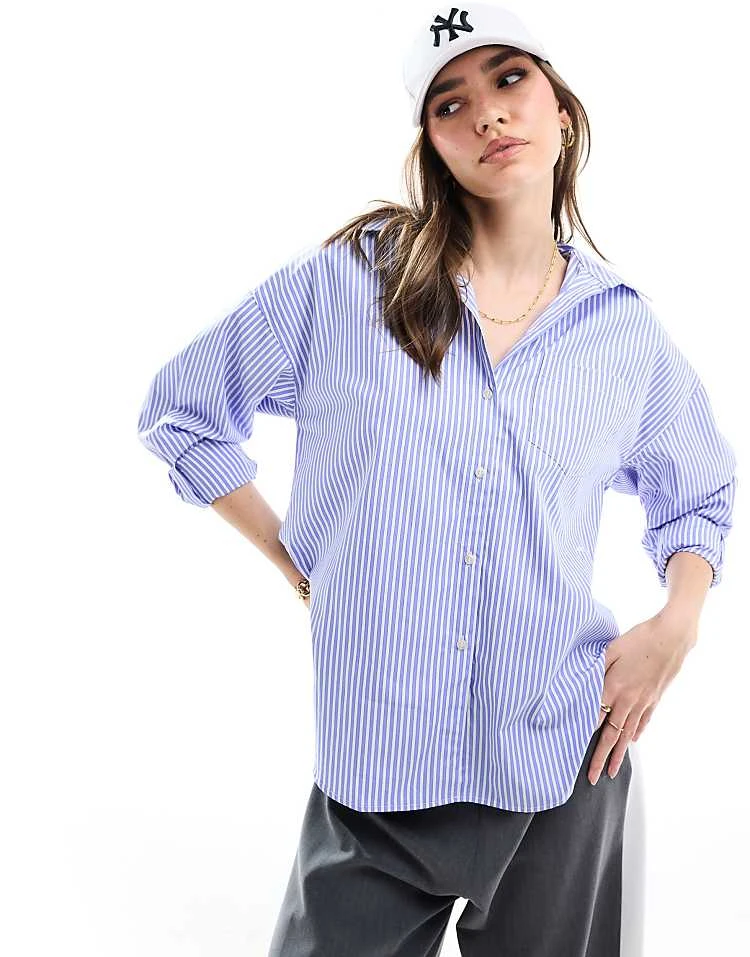 JJXX Oversized Poplin Shirt In Blue Stripe For Women Navy Blazer Stripes - Image 5