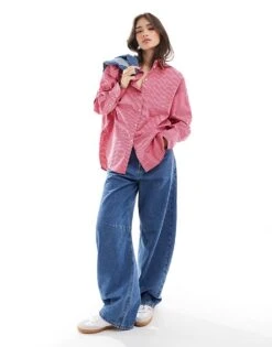 JJXX Oversized Poplin Shirt In Pink Stripe For Women Cerise Stripe