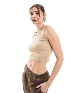 JJXX Fallon Ribbed Cropped Vest Top In Beige For Women Incense