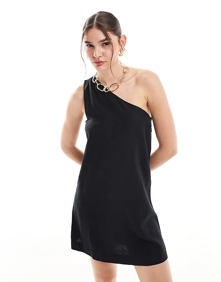 JJXX Linen Mix Asymmetric Mini Dress In Black For Women Caviar - Image 3