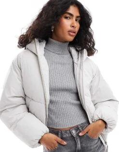 JJXX Cropped Hooded Puffer Jacket In Light Grey For Women Vapor Blue