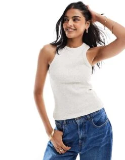 JJXX Ribbed Racer Back Vest In Oatmeal For Women