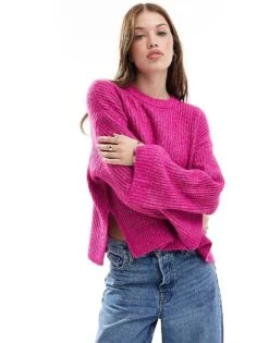 JJXX Fluffy Cropped Ribbed Jumper In Pink For Women Fuchsia Red