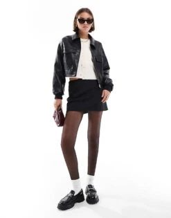 JJXX Faux Leather Cropped Bomber With Pockets In Black For Women
