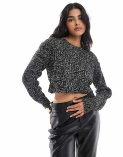 JJXX Cropped Boxy Ribbed Jumper In Black Marl For Women Black Melange