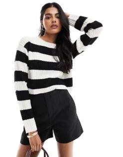 JJXX Cropped Boxy Stripe Ribbed Jumper In Black & Beige For Women Black & Vanilla Ice