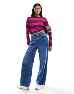 JJXX Cropped Boxy Stripe Ribbed Jumper In Burgundy & Pink For Women Sassafras & Fuchsia