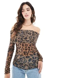 JJXX Off The Shoulder Mesh Top In Leopard Print For Women