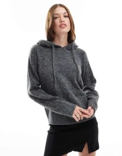 JJXX Knitted Fluffy Hoody Jumper In Grey For Women Dark Grey Melange