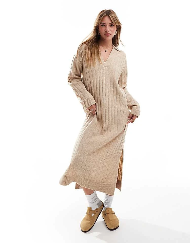 JJXX V Neck Collared Knitted Ribbed Dress In Cream For Women Peyote - Image 5