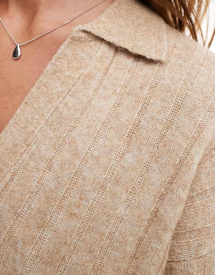 JJXX V Neck Collared Knitted Ribbed Dress In Cream For Women Peyote - Image 2