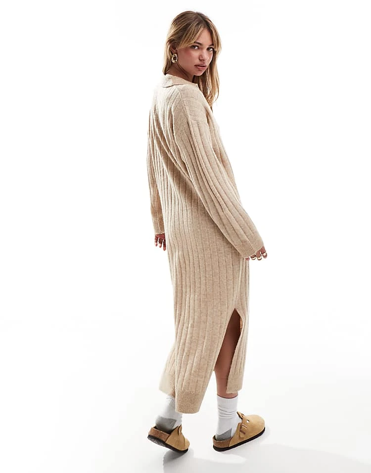 JJXX V Neck Collared Knitted Ribbed Dress In Cream For Women Peyote - Image 3