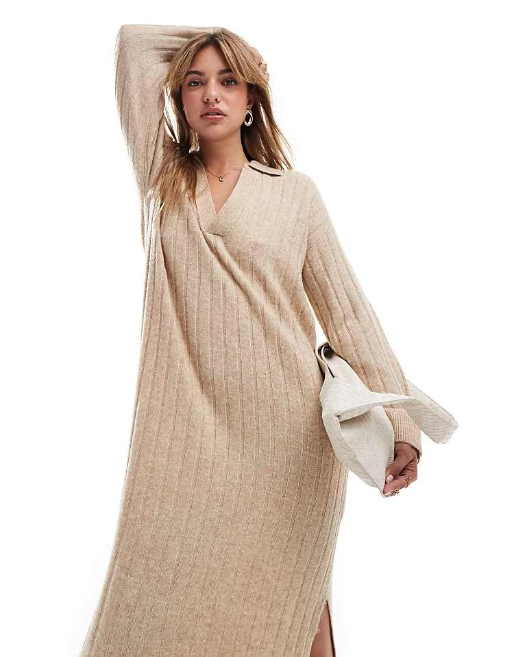 JJXX V Neck Collared Knitted Ribbed Dress In Cream For Women Peyote - Image 4