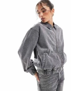 JJXX Oversized Collared Bomber Jacket In Washed Grey For Women Phantom