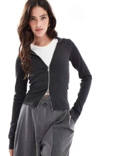 JJXX Two Way Zip Hooded Long Sleeve Top In Washed Dark Grey For Women Phantom
