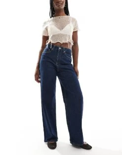 JJXX Tokyo Wide Fit Jean In Dark Blue With Contrast Pockets For Women Dark Blue Denim