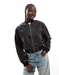 JJXX Vintage Faux Leather Bomber Jacket In Washed Black For Women