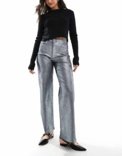 JJXX Tokyo Wide Fit Jeans In Grey Glitter For Women Grey Denim