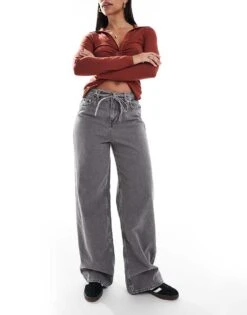 JJXX Eda Baggy Fit Jeans With Tie Front In Light Grey For Women Light Grey Denim