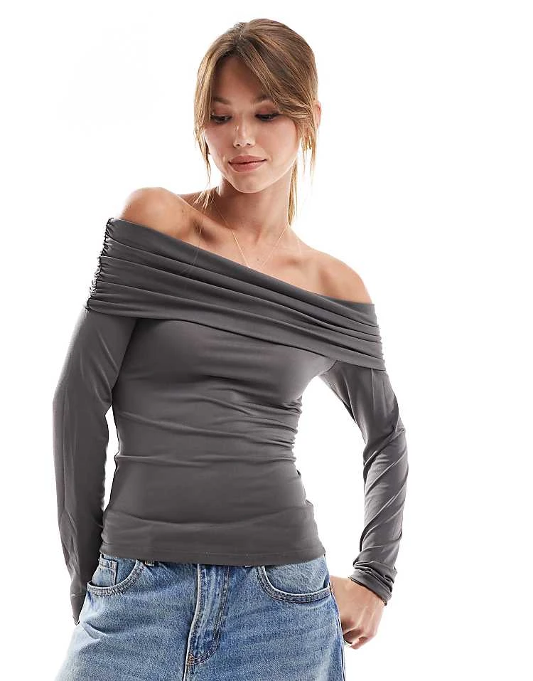 JJXX Off Shoulder Slinky Long Sleeve Top In Grey For Women Dark Grey