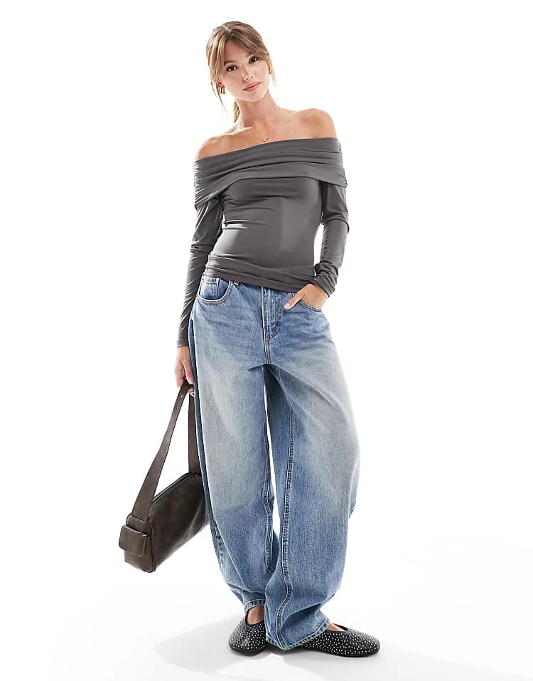 JJXX Off Shoulder Slinky Long Sleeve Top In Grey For Women Dark Grey - Image 2