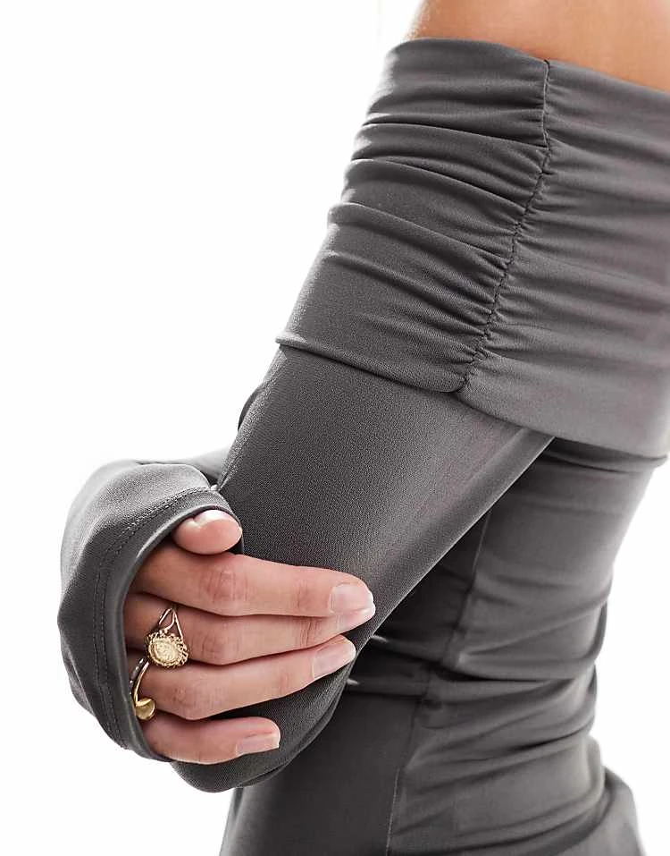 JJXX Off Shoulder Slinky Long Sleeve Top In Grey For Women Dark Grey - Image 3