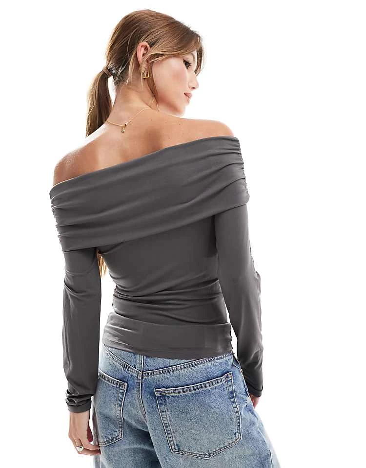 JJXX Off Shoulder Slinky Long Sleeve Top In Grey For Women Dark Grey - Image 4