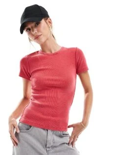 JJXX Short Sleeve Ribbed T-shirt In Red Wash For Women Dark Red