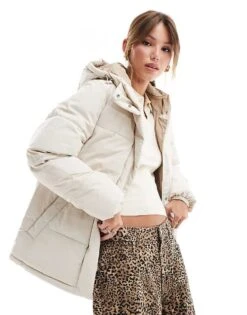 JJXX Drawstring Hooded Puffer Jacket In Cream For Women