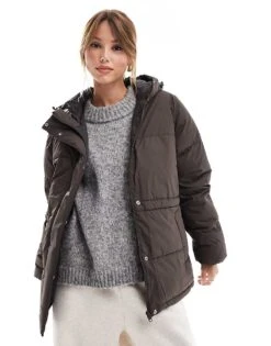 JJXX Drawstring Hooded Puffer Jacket In Brown For Women