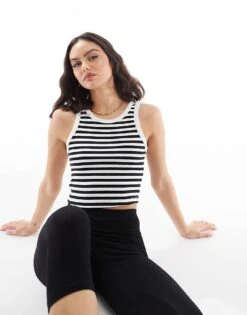 JJXX Ribbed Vest In Black White Stripe For Women Bright White