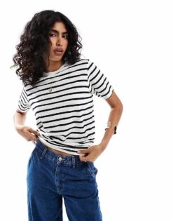 JJXX Oversized Cropped T-shirt In Black White Stripe For Women Bright White/ Black