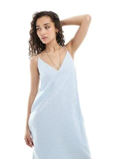 JJXX Strappy V Neck Long Dress In Light Blue Stripe For Women Little Boy Blue