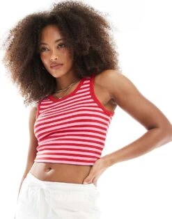 JJXX Ribbed Vest In Pink Red Stripe For Women Racing Red