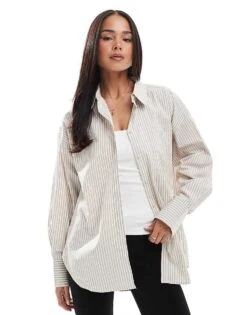 JJXX Jamie Oversized Shirt In Cream Stripe For Women Feather Gray