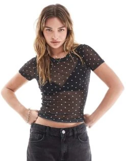 JJXX Mesh Polka Dot Baby T-shirt In Black For Women Black Aop Dot