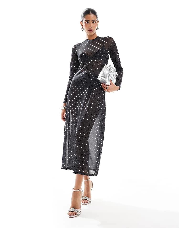 JJXX Mesh Polka Dot Long Sleeve Dress In Black For Women Black Aop Dot - Image 5