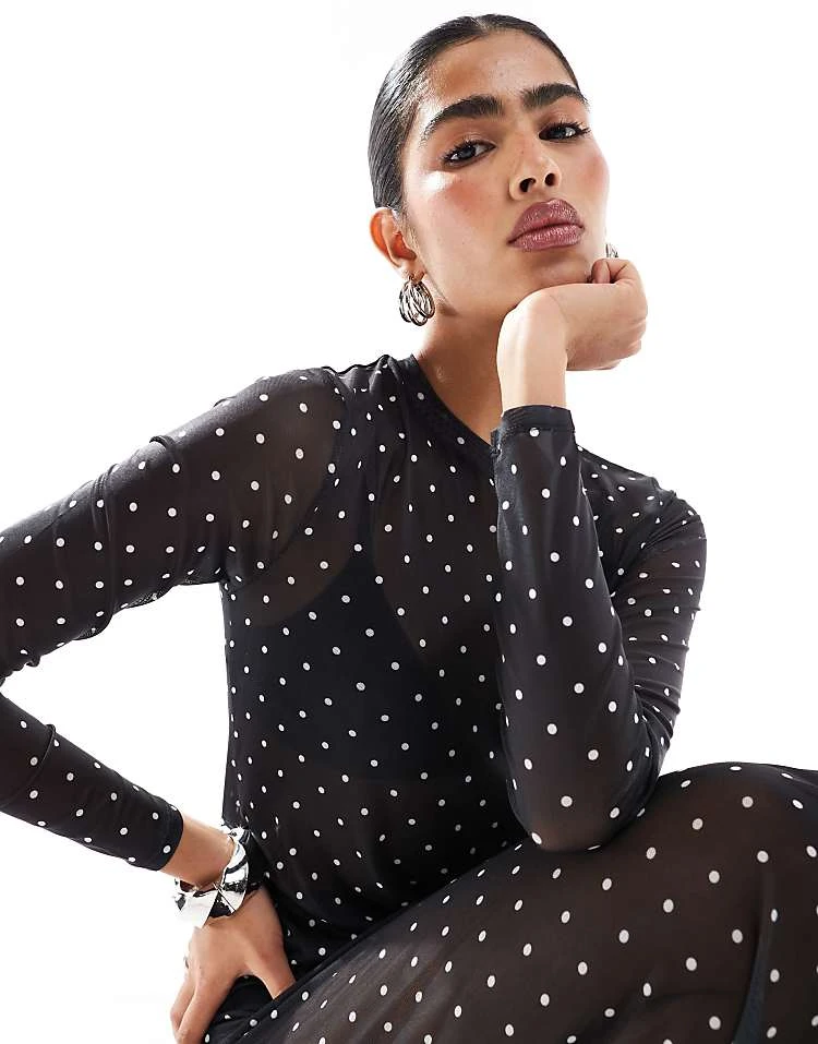 JJXX Mesh Polka Dot Long Sleeve Dress In Black For Women Black Aop Dot - Image 2
